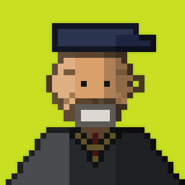 A pixel art portrait of a bald man with a beard wearing a dark blue flat cap, set against a bright green background, resembling the CryptoPunks NFT style.