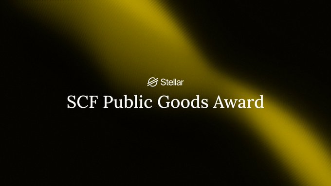 The image features a dark background with a yellow light streak and white text reading "Stellar SCF Public Goods Award," serving as a promotional graphic for Stellar's community funding initiative. It visually represents the post's announcement about 18 public goods proposals awaiting community feedback before the July 29 deadline.