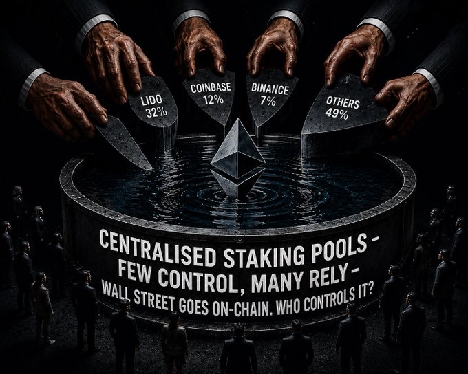 A dark, dramatic graphic depicting hands holding pie slices labeled 'LIDO 32%', 'COINBASE 12%', 'BINANCE 7%', and 'OTHERS 49%' over an Ethereum logo, with the caption 'CENTRALISED STAKING POOLS - FEW CONTROL, MANY RELY - WALL STREET GOES ON-CHAIN. WHO CONTROLS IT?'