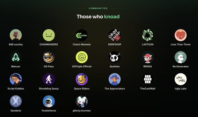 A grid titled "Those who knoad" under "COMMUNITIES" displays 23 circular logos of Web3/NFT communities including 888 society, CHAINRAIDERS, Clutch Markets, DROPSHOP, LASTG3N, Less Than Three, Mancer, OG Pass, OGTriple Official, Quirkies, RENGA, Re:Generates, Script Kiddies, Shredding Sassy, Space Riders, The Appreciators, TheCardWall, Ugly Labs, Xanderia, YoukieVerse, and glitchy bunnies — showcasing client brands served by the knoad.io platform mentioned in the post.