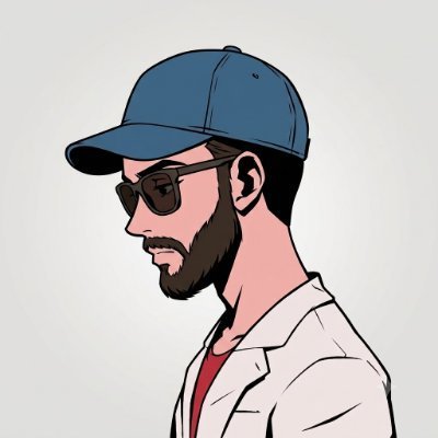An illustrated profile portrait depicts a person wearing a blue baseball cap, sunglasses, and a white jacket over a red shirt, featuring a dark beard.