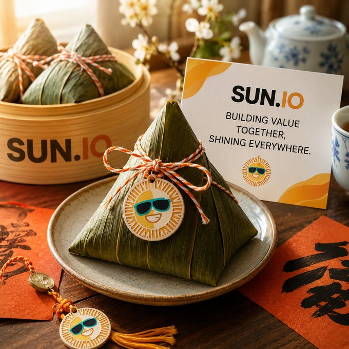 A traditional zongzi (rice dumpling) wrapped in bamboo leaves sits on a ceramic plate, tied with orange raffia and adorned with a SUN.IO sun logo charm, alongside a card reading "SUN.IO - Building Value Together, Shining Everywhere" and a bamboo steamer marked with the Sun.io brand. The image creatively ties the Dragon Boat Festival's symbolism of unity and tradition to Sun.io's message about SunSwap V4's flexible, customizable liquidity pools built through Hooks development.