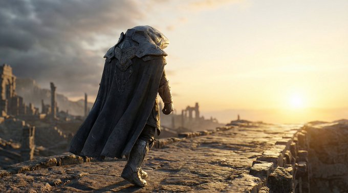 A lone armored figure in a flowing dark cape walks across a stone pathway toward the horizon at sunset, with ruined structures in the distance, evoking a sense of solitary purpose and forward momentum. The image symbolizes steadfastness and resolve amid uncertainty, reflecting the caption's message that crypto traders shouldn't feel "sidelined" by missed opportunities, but instead focus on their own path with patience and determination.