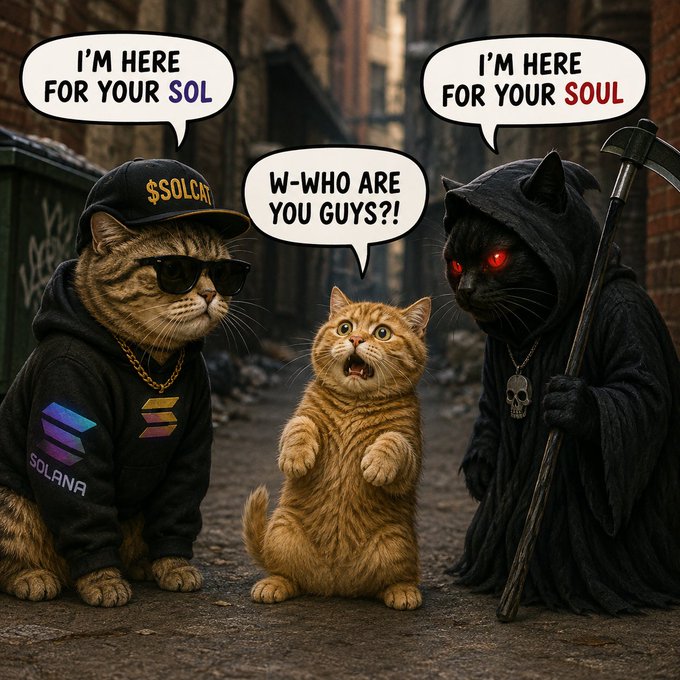 A humorous meme featuring three cats: one wearing a Solana ($SOL) cap and hoodie saying 'I'M HERE FOR YOUR SOL', a scared orange kitten asking 'W-WHO ARE YOU GUYS?!', and a grim reaper cat saying 'I'M HERE FOR YOUR SOUL'.