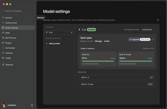 The image shows a computer screen displaying a model settings page for a software called GLM (Generalized Linear Model). The screen has two tabs open, one showing the settings menu with options such as "Model Settings" and "Generalized Linear Models", while the other tab displays a list of available models. The text on the screen suggests that users can try out these models for free by logging in to zcode.z.ai/en and selecting GLM 5.2 from the dropdown menu, which is the model being tested at the moment.