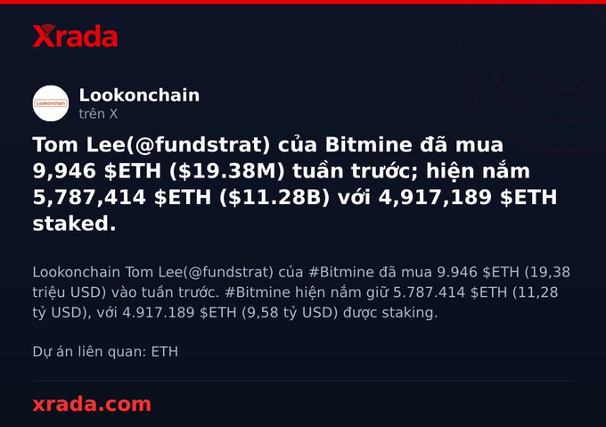 A Vietnamese-language Xrada article citing Lookonchain data that Bitmine's Tom Lee (@fundstrat) purchased 9,946 ETH ($19.38M) the previous week.