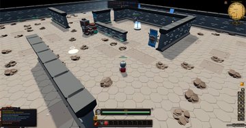 A screenshot from an isometric MMORPG-style game showing a character in a dungeon environment with bookshelves, potions, and UI elements.