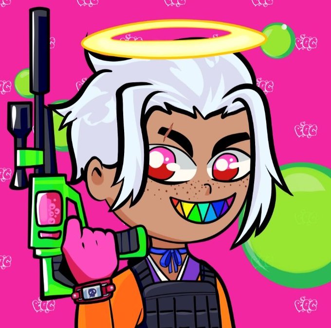A stylized cartoon character with white hair, a golden halo, rainbow-colored sharp teeth, holding a futuristic green and pink weapon, set against a bright pink background with green bubbles.