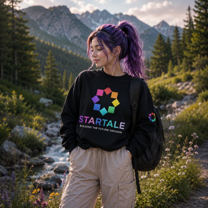 An AI-generated image of a woman with purple hair wearing a black sweatshirt featuring the STARTALE logo and 'BUILDING THE FUTURE ONCHAIN' text, standing in a mountainous landscape.