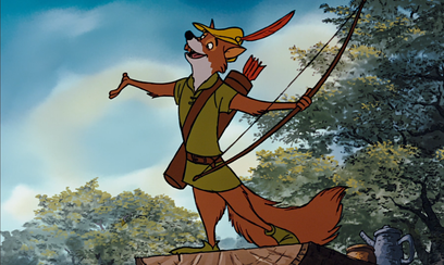 An animated scene shows Robin Hood, an orange fox wearing a green hat and tunic, drawing a bow and arrow against a forest backdrop.
