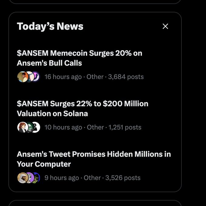 A "Today's News" panel displays three stories about the $ANSEM memecoin, including headlines noting a 20% surge on "Ansem's Bull Calls," a 22% rise to a $200 million valuation on Solana, and a tweet teasing "Hidden Millions in Your Computer." The image supports the post's optimistic "$ANSEM to Trillions" sentiment by highlighting recent price surges and growing buzz around the token.