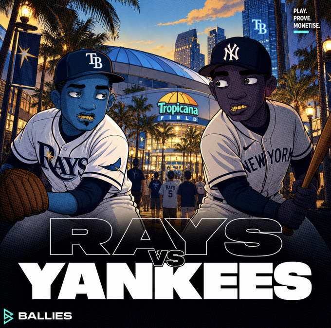 A cartoon-style graphic for a 'RAYS VS YANKEES' baseball matchup at Tropicana Field, featuring illustrated players and the text 'PLAY. PROVE. MONETISE.' and 'BALLIES'.