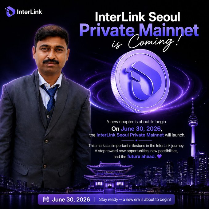 An InterLink promotional image announcing the InterLink Seoul Private Mainnet launch on June 30, 2026, featuring a man in a suit against a purple Seoul skyline backdrop.