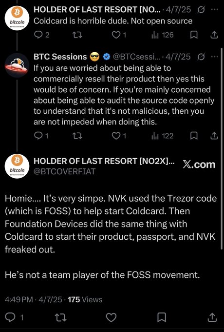 A Twitter/X thread discussing Coldcard's closed-source nature, where user @BTCOVERFIAT argues NVK isn't a team player of the FOSS movement for allegedly using Trezor's code to build Coldcard and then allowing Foundation Devices to do the same with Passport, with BTC Sessions noting there's no impediment to auditing the source code.