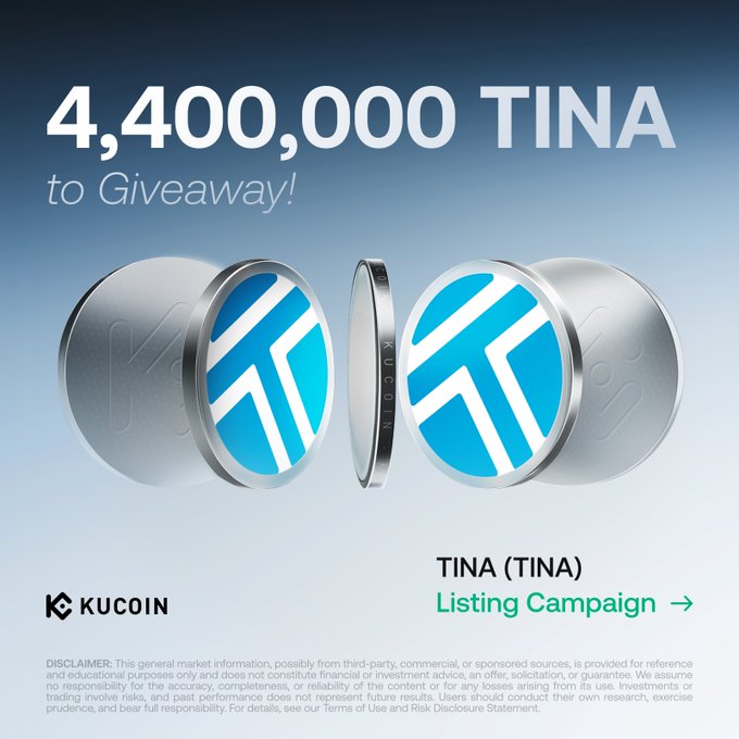 A KuCoin promotional banner advertises a 4,400,000 TINA giveaway tied to the TINA (TINA) listing campaign, featuring the token's blue and silver coin imagery alongside a link to the listing event. The banner highlights the dual activities mentioned in the post—a GemSlot Carnival and a Learn & Earn program—giving users multiple ways to earn TINA rewards during the launch.