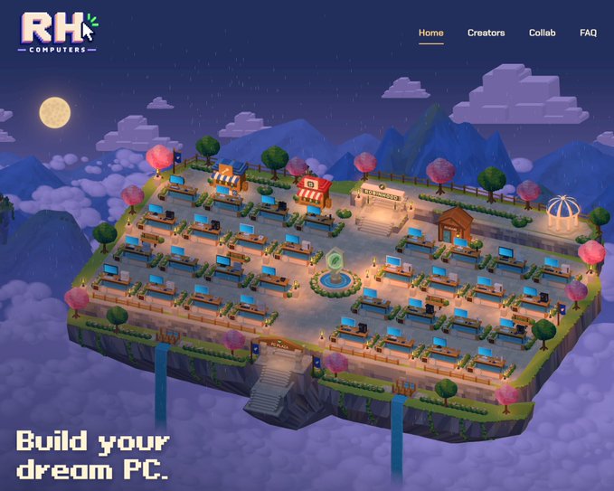 A website for 'RH COMPUTERS' featuring a pixel art illustration of a floating island PC building area with the text 'Build your dream PC.'