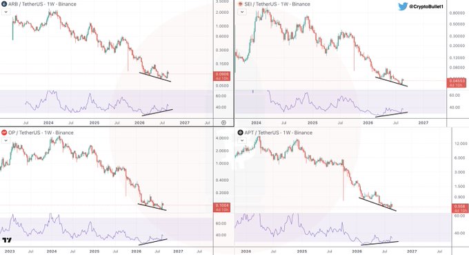 Four Binance weekly candlestick charts display ARB/USDT, SEI/USDT, OP/USDT, and APT/USDT against Tether, each showing a clear bullish divergence pattern where prices are making lower lows (highlighted by the black trendline) while the RSI indicators below are printing higher lows—visually confirming the "Bull Divs on the Weekly" claim made in the post.