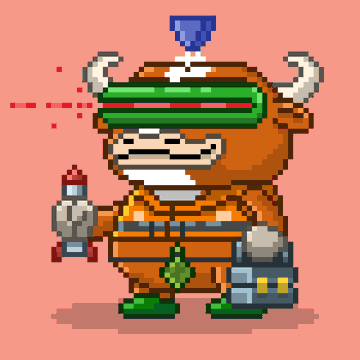 A pixel art character resembling a brown, horned creature with a green visor, holding a spray can and toolbox against a pink background.