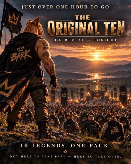A promotional poster titled 'THE ORIGINAL TEN' shows a muscular anthropomorphic dog figure overlooking an army, with text reading 'JUST OVER ONE HOUR TO GO', 'OG REVEAL — TONIGHT', '10 LEGENDS. ONE PACK.', and 'NOT HERE TO TAKE PART — HERE TO TAKE OVER.' The flag and figures bear the 'BARK' logo with a crown.