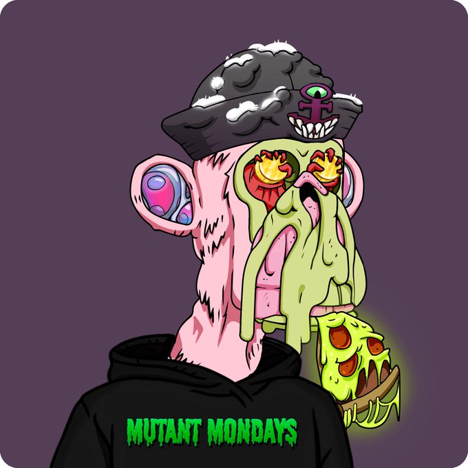 A cartoon illustration of a grotesque pink-skinned character with a melting green face, fire in its eye sockets, wearing a dark cap with a creature and a black hoodie reading 'MUTANT MONDAYS'.