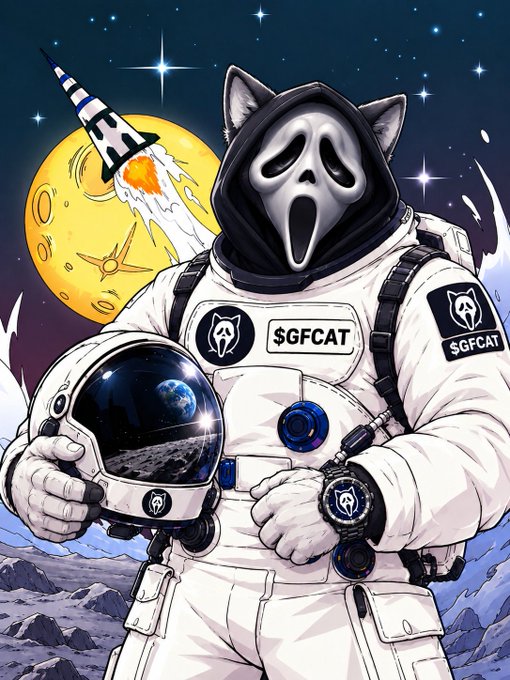 A cartoon astronaut wearing a Ghostface mask and a white spacesuit marked “$GFCAT” holds a helmet in a starry space scene with a rocket and moon.