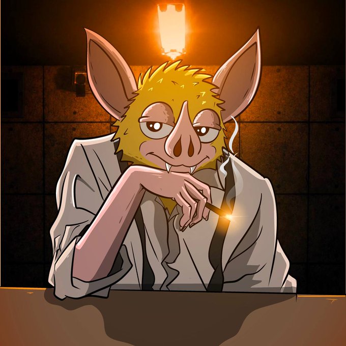 A cartoon anthropomorphic bat-like creature with yellow fur, large pointed ears, and fangs sits at a table in a dimly lit room, holding a lit match while wearing a white lab coat under the warm glow of an overhead light. The post "observe the hoodrat" humorously anthropomorphizes the creature, suggesting it resembles a low-life or scruffy character lounging in the shadows with a subtle smirk and glowing ember that evoke a rebellious, street-smart vibe.