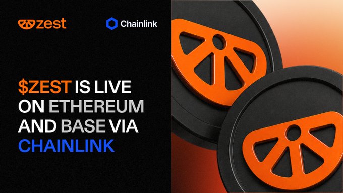 The image features a black background with two orange circles, one larger than the other, positioned at the top center of the frame. Below these circles, there's text that reads "$ZEST is live on Ethereum and Base via @chainlink CCIP". The text is in white against the black background, making it stand out clearly.