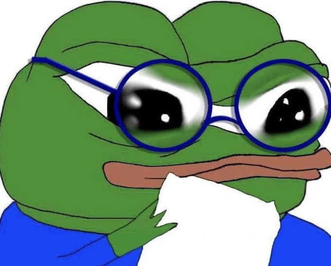 A cartoon illustration of the Pepe the Frog meme character wearing round blue glasses and holding a white tissue or paper.