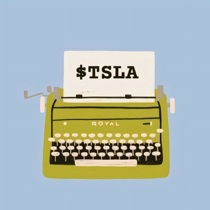 An illustration of a vintage green typewriter with the brand 'ROYAL' visible, having a piece of paper inserted that displays '$TSLA' in bold black text.