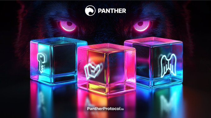 Three glowing neon cubes displaying symbols (a question mark, heart, and bat-like logo) sit beneath panther eyes, branded "PANTHER" with "PantherProtocol.io" at the bottom.