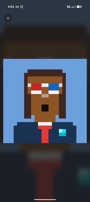 The image shows a pixelated 8-bit style NFT-style avatar of a character wearing red/blue 3D glasses and a suit with a red tie, displayed against a blue background on a mobile phone screen (timestamp 4:03, 5G). This appears to be the "Geez" NFT mentioned in the post, which the user humorously embraces as the only digital collectible they managed to "catch" after missing out on the BAYC (Bored Ape Yacht Club) boom and other web3 gains, rallying the community "To the Moon."