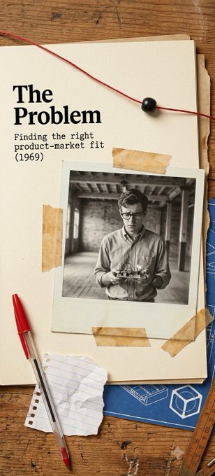 A vintage-style poster titled 'The Problem: Finding the right product-market fit (1969)' featuring a black and white photo of a man in glasses holding a device, taped to a manila folder with a red string and bead.