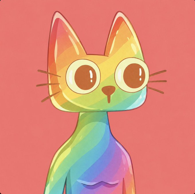 A colorful digital illustration of a stylized cat with a rainbow-gradient body and large expressive eyes, set against a pink background.