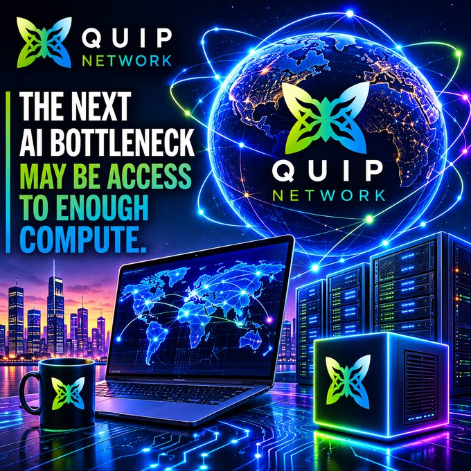 A Quip Network promotional graphic about AI computing access, featuring a globe, laptop with world map, servers, and a branded mug with a butterfly logo.