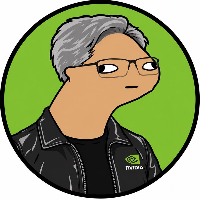 A cartoon-style portrait shows a person with gray hair and glasses wearing a black jacket featuring the NVIDIA logo on the chest, set against a green circular background.