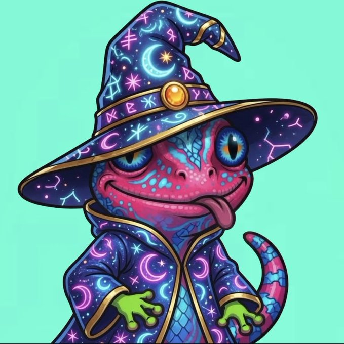 A colorful cartoon illustration of a pink chameleon-like creature wearing a wizard hat and robes decorated with stars, moons, and constellations.