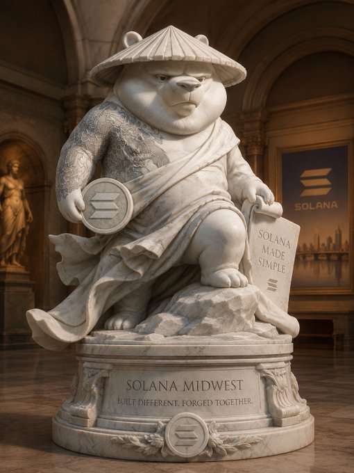 The image features a statue of a panda bear wearing a hat, holding a coin, and standing atop a rock. The panda bear has a carved face with a mustache and a beard. The statue is made from marble and is placed on a pedestal in front of an archway. The post accompanying the image reads: "Gm Solana. Built different. Forged together." This suggests that the statue was created by two artists who were inspired by the panda bear's unique facial features, and they decided to collaborate on this project.