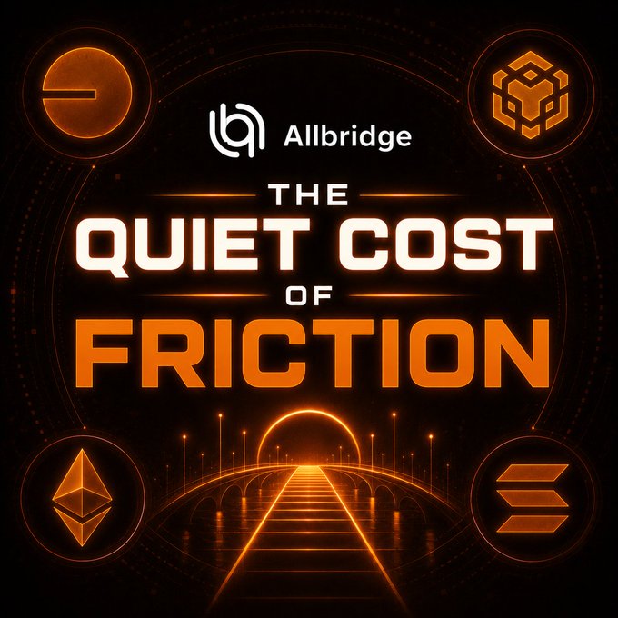 A promotional graphic displays 'Allbridge' and 'THE QUIET COST OF FRICTION' with cryptocurrency logos including what appears to be Ethereum, set against a glowing futuristic bridge.