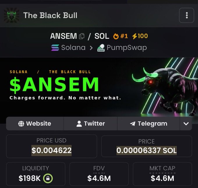 The image displays a Solana-based memecoin called "$ANSEM" (ticker $ANSEM) featuring a dark bull mascot with the tagline "Charges forward. No matter what," trading at $0.004622 USD (0.00006337 SOL) with a $4.6M market cap and $198K liquidity on PumpSwap. The post promotes the token as part of a hyped airdrop campaign, encouraging users to drop their SOL wallet addresses to participate.