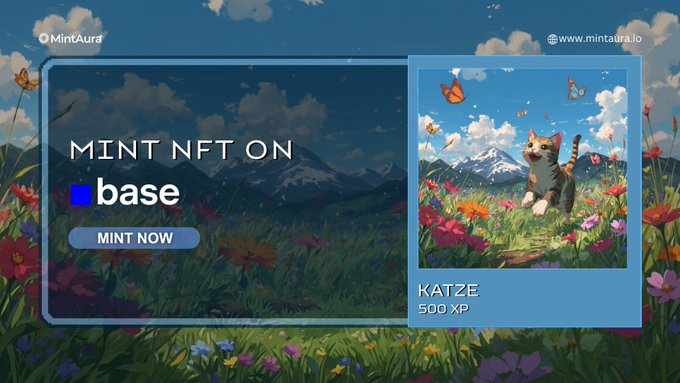 The image shows a poster for an album by the artist Katze, which features a cat walking through a field of flowers. The poster also includes text that reads "Mint NFT On Base Mint.io/base Mint.io". This suggests that the album is available on both mint.io and base mint.io platforms.