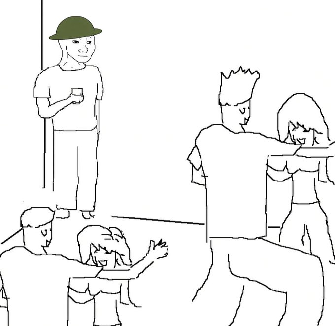A minimalist line-drawing meme showing a stoic soldier with a helmet and cup standing aside while a chaotic brawl breaks out in a room with several aggressive figures.