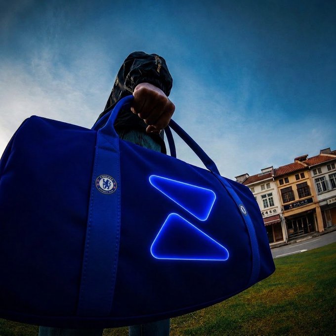 A low-angle shot shows a person holding a blue duffel bag featuring a glowing blue geometric design and a circular patch, set against a cloudy sky and a building with a red-tiled roof.
