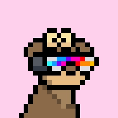 A pixel art character wearing a brown hat, cape, and pixelated sunglasses with a rainbow lens reflection on a pink background.