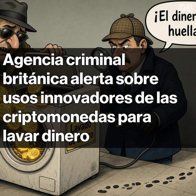 An illustrated graphic with Spanish text reading 'Agencia criminal británica alerta sobre usos innovadores de las criptomonedas para lavar dinero' (British criminal agency warns about innovative uses of cryptocurrencies for money laundering), depicting detectives examining a washing machine filled with USD coins.