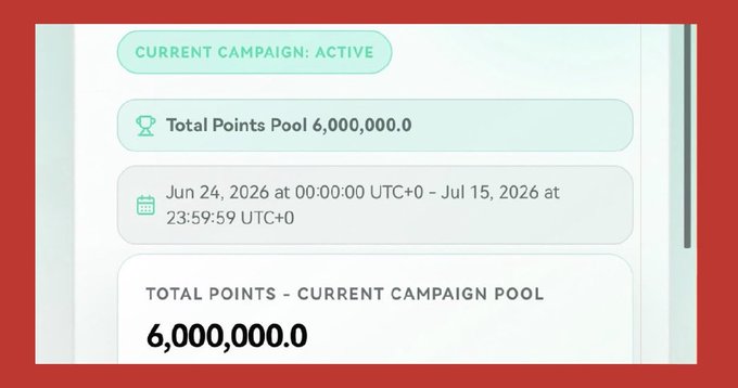 A digital interface shows "CURRENT CAMPAIGN: ACTIVE" with a "Total Points Pool 6,000,000.0" running from June 24, 2026, to July 15, 2026.