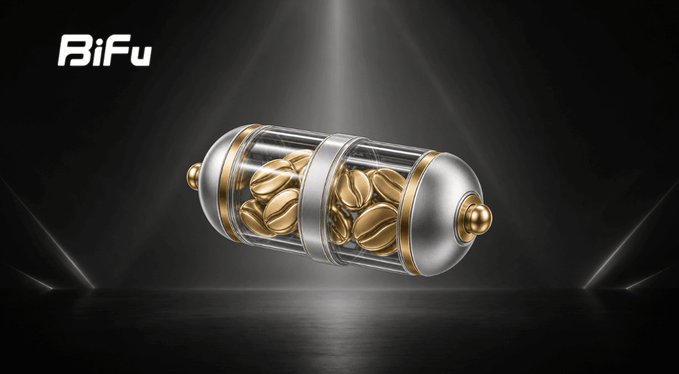 A 3D render of a transparent capsule containing gold coins with a 'BiFu' logo in the top left corner against a dark background.