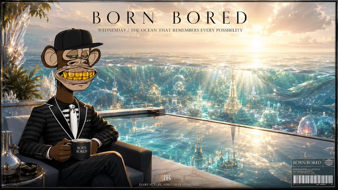 A Bored Ape NFT character in a tuxedo lounges by an infinity pool overlooking a fantastical underwater city, holding a "BORN BORED" mug beneath the text "BORN BORED / WEDNESDAY / THE OCEAN THAT REMEMBERS EVERY POSSIBILITY," capturing the post's theme of showing up and winning in Web3 with a stylish, midweek swagger.