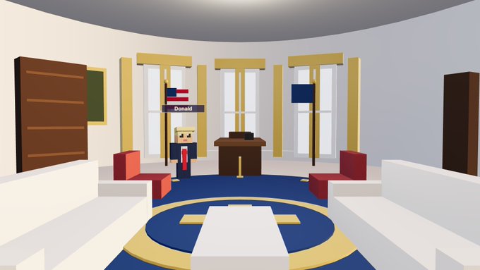 A voxel/blocky style game scene depicting the Oval Office with a character labeled 'Donald' standing between American and French flags.