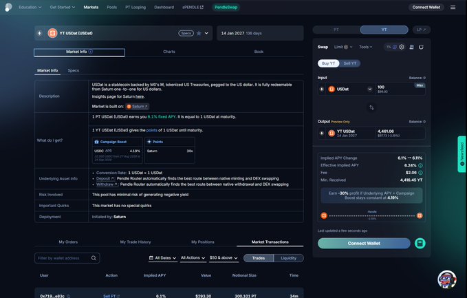 A screenshot of the Pendle.fi DeFi platform showing the YT USDe (USDe) market with a fixed APY of 4.19% and various trading details.