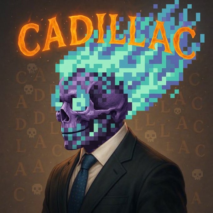 Digital artwork of a purple skull in a business suit with pixelated digital hair, set against a dark background with the word 'CADILLAC' in glowing orange text and faint skull motifs.